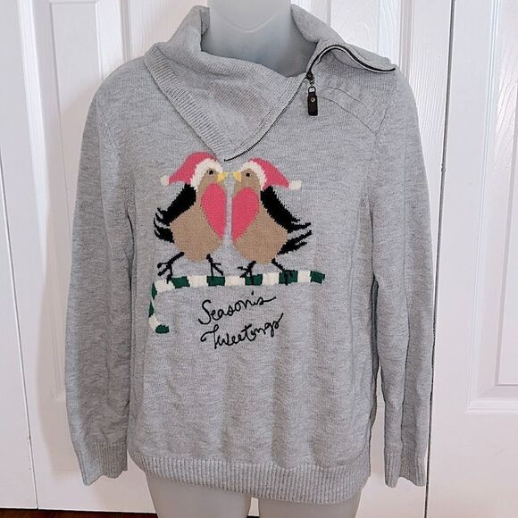 Talbots Christmas Sweater Birds Cowl Zip Lambswool Wool Gray Large Petite LP - Picture 2 of 4